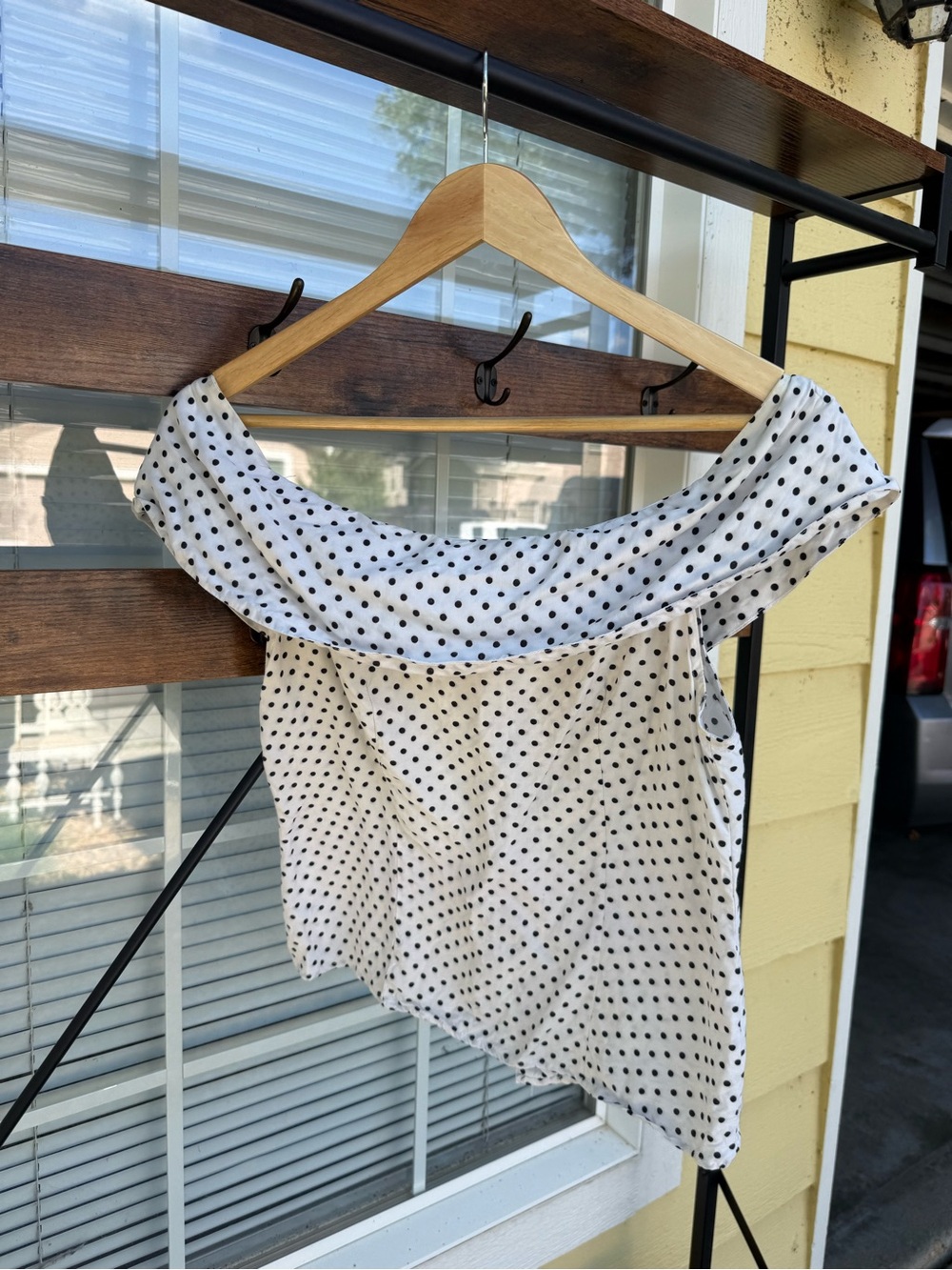 Polka Dot Off-Shoulder Women's Top - White with Black Dots